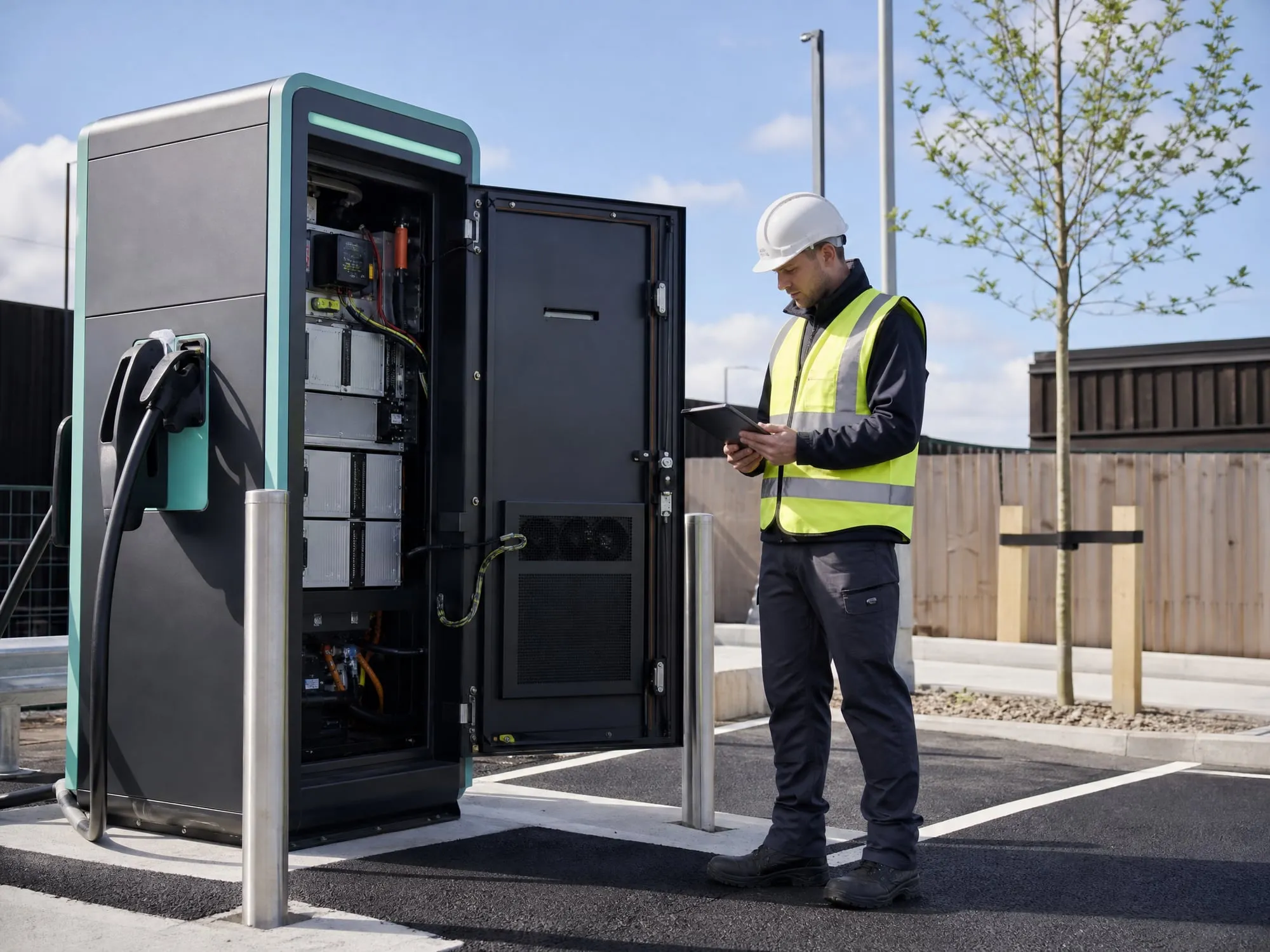 Engineer commissioning a DC fast charger at a new charging site