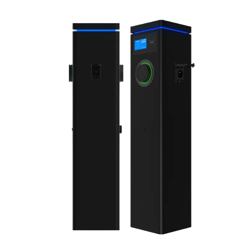 EVCSTAR CPO Series dual-port AC charging pedestal in black with ring-shaped status light