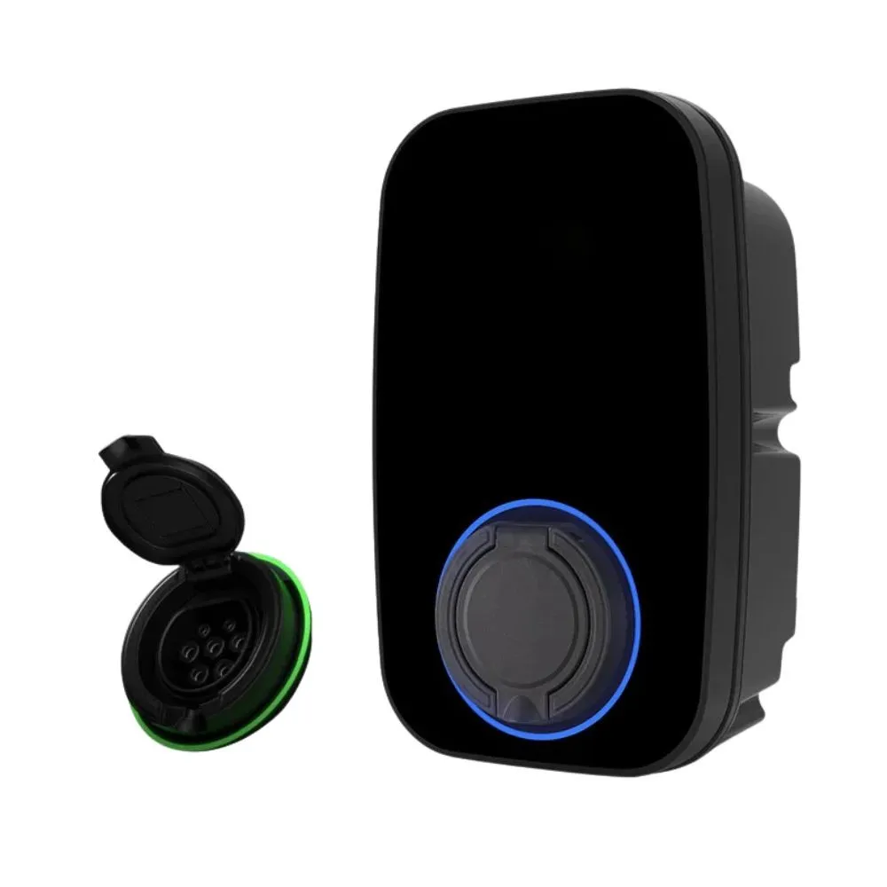 EVCSTAR FE Series AC wallbox in black with blue ring light and Type 2 socket