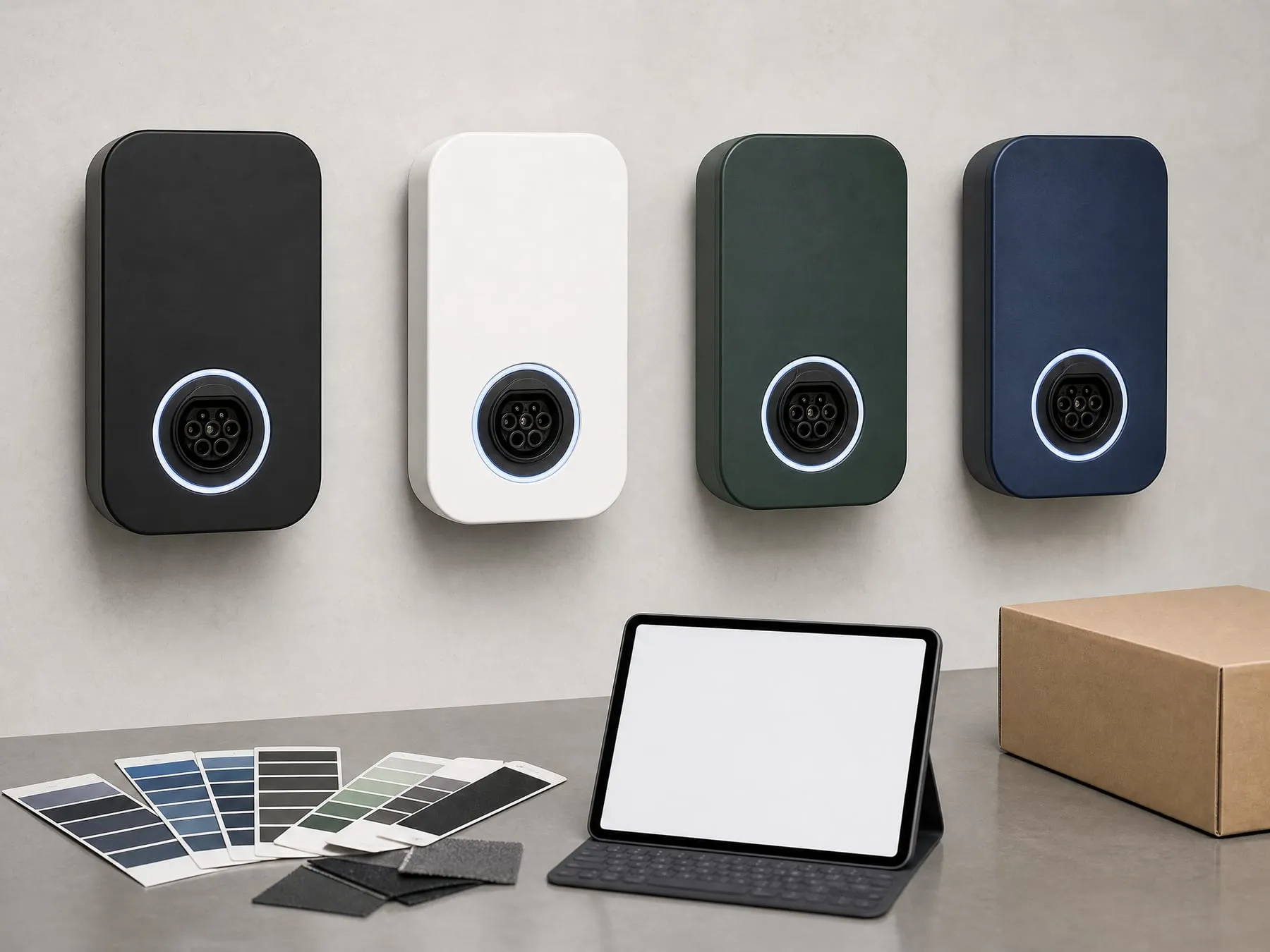AC wallbox housings in black, white, green and blue with colour swatches for OEM projects