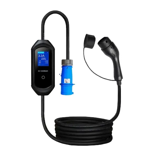 EVCSTAR AM Series portable EV charger with LCD control box, blue industrial plug and Type 2 connector