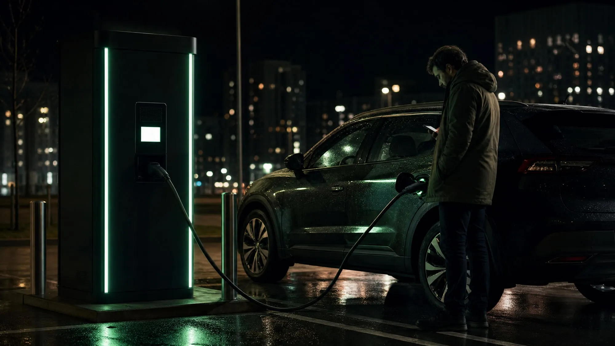 Driver checking a charging session on a phone beside a DC fast charger at night